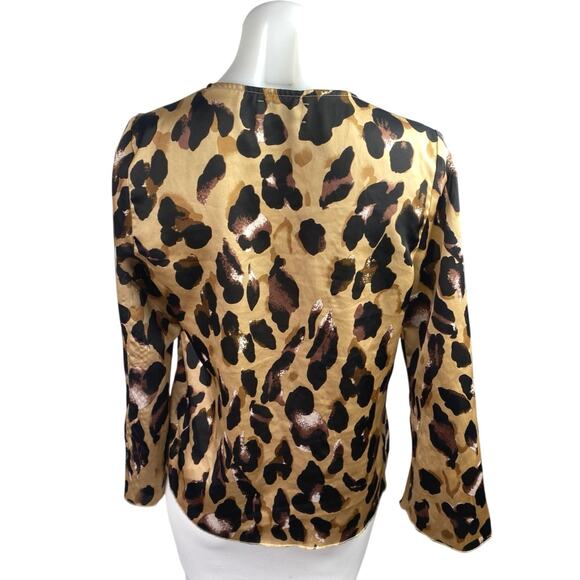 Never Fully Dressed Brown Black Satin Cheetah Print Long Sleeve Tie Blouse Top M - Picture 2 of 4